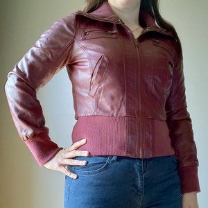 C'Esttoi USA Cropped Red Faux Leather Jacket